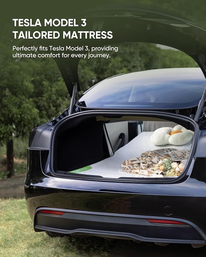 Tesla Model 3 Camping Mattress | Foldable Memory Foam Car Bed, Custom-Fit for Tesla Trunk Sleep Pad, Non-Slip, Dual-Mode Design, Skin-Friendly Cover, Ideal for Road Trips & Car Camping
