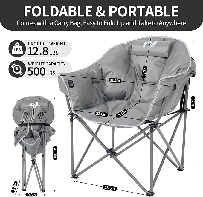 Oversized Heated Camping Chair, 3 Heating Levels Soft Padded Camp Chairs with Pillow and Storage Bag, Portable Folding Outdoor Heated Moon Chair for Camping Lawn Patio Beach and Picnics, Grey