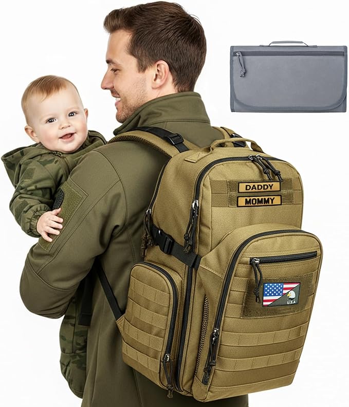MIRACOL Military Diaper Bag for Dad - Tactical Style Baby Backpack with MOLLE & Changing Pad - 14 Compartments Rugged Design for Outdoor Travel Camping Tan