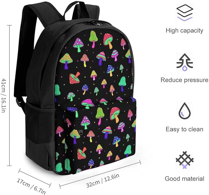 Men Women Lightweight Neon Mushrooms Colorful Backpack Large Capacity Bookbag With Smooth Zippers for Gym Business Running
