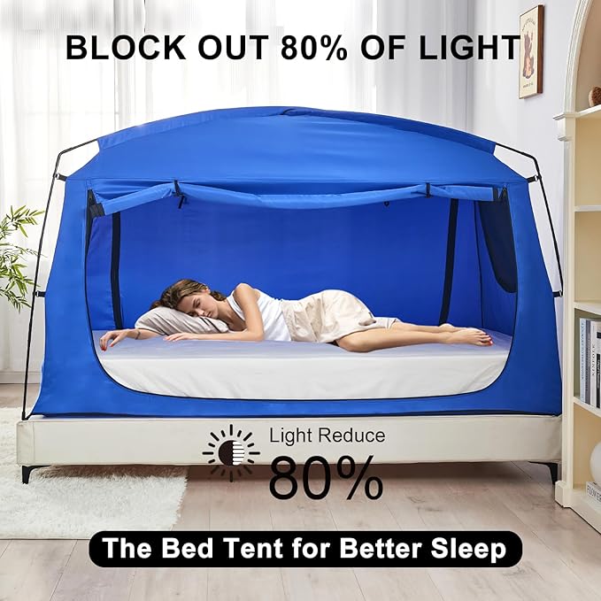 Privacy Sleep Indoor Bed Tent for Adults Kids, Portable Blackout 90% Canopy Tents with 3 Doors Breathable Mesh Windows