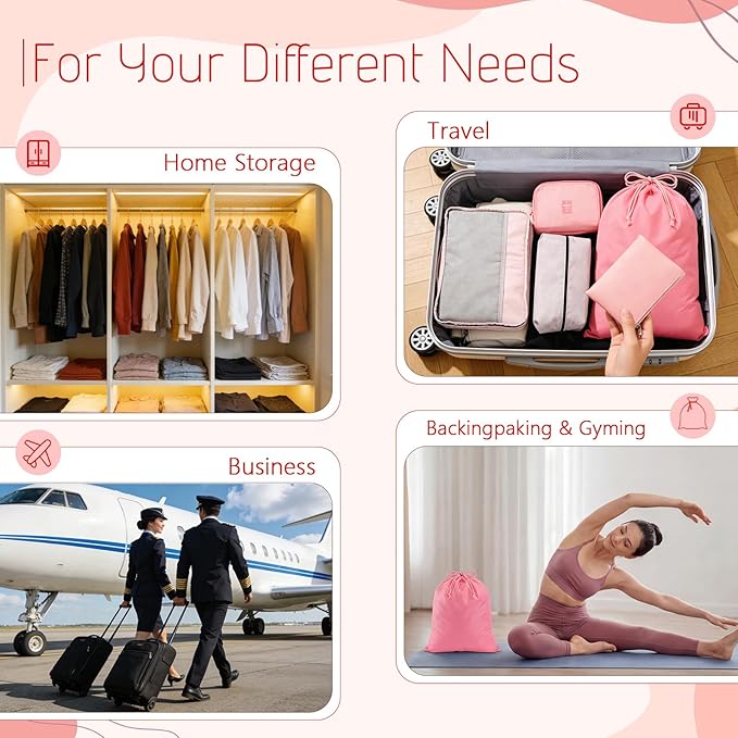 9 Pcs Packing Cubes Set for Travel with Waterproof Clothing Cubes Toiletry Shoe Laundry Jewelry Bag for Women Men(Light Pink)
