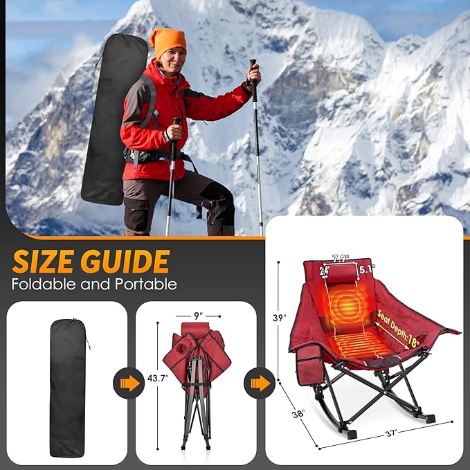 Suteck Heated Rocking Camping Chair - Fully Thicker Padded Heated Chairs for Outdoor Sports W/3 Heat Levels for Back & Seat, Heated Folding Chair for Adults with Carry Bag- Battery NOT Included