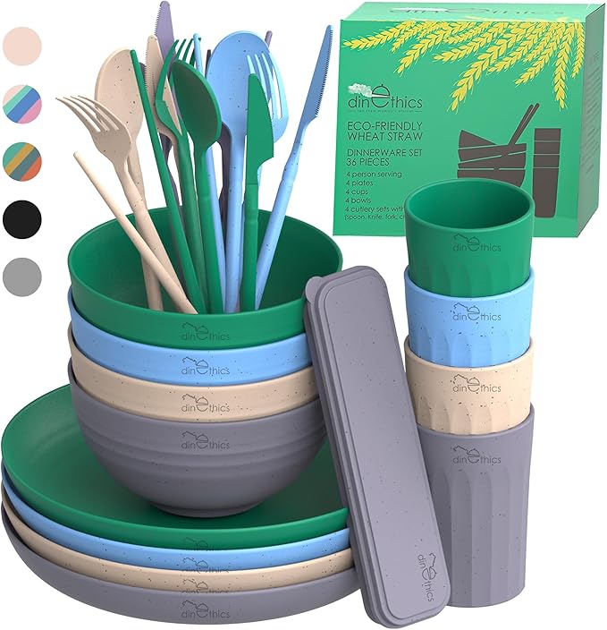 Wheatstraw Dinnerware Set for 4 - Camping Dishes & Utensils - Microwavable Plates - Alternate To Plastic Plates And Bowls - Camping Kitchen Set - Rv Dinnerware - Wheat Straw Dorm Dishes