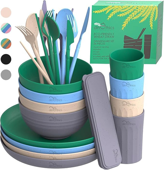 Wheatstraw Dinnerware Set for 4 - Camping Dishes & Utensils - Microwavable Plates - Alternate To Plastic Plates And Bowls - Camping Kitchen Set - Rv Dinnerware - Wheat Straw Dorm Dishes
