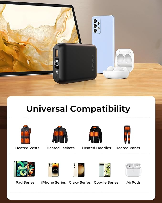 Heated Vest Battery Pack 7.4V 16000mAh Compatible with ORORO and Venustas, Battery Pack for Heated Vest with LED Display, Rechargeable Power Bank with DC/USB/Type-C Output for Heated Jackets