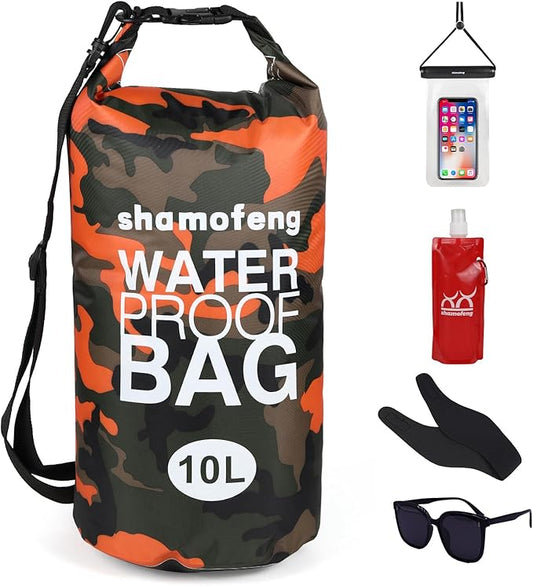 Waterproof Dry Bag 5L/10L/15L/20L/30L Roll Top Dry Storage Backpack with Phone Case, Collapsible Water Bottle, Sunglasses, Ear Band for Kayaking Boating Swimming Fishing Camping, Orange 20L