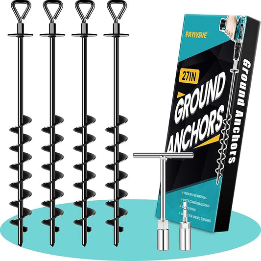 Ground Anchors Screw in, Heavy Duty Ground Trampoline Stakes High Wind Tent Stakes for Tent, Trampoline, Gazebo, Carport, Trap Anchor, Canopies, Swing Set