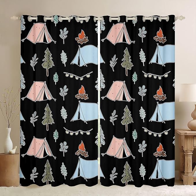 Feelyou Cute Black Camping Camper Curtains for Bedroom Living Room Campfire Tent Blackout Darkening Drapes Happy Camping Window Treatments, 2 Panels 52 x 84 Inch Room Decor