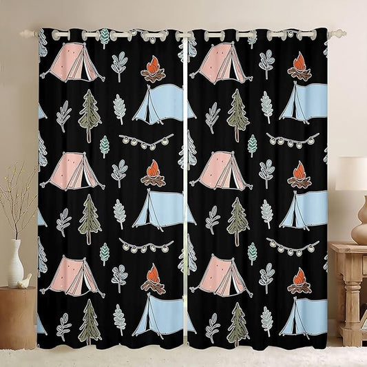 Feelyou Cute Black Camping Camper Curtains for Bedroom Living Room Campfire Tent Blackout Darkening Drapes Happy Camping Window Treatments, 2 Panels 52 x 63 Inch Room Decor