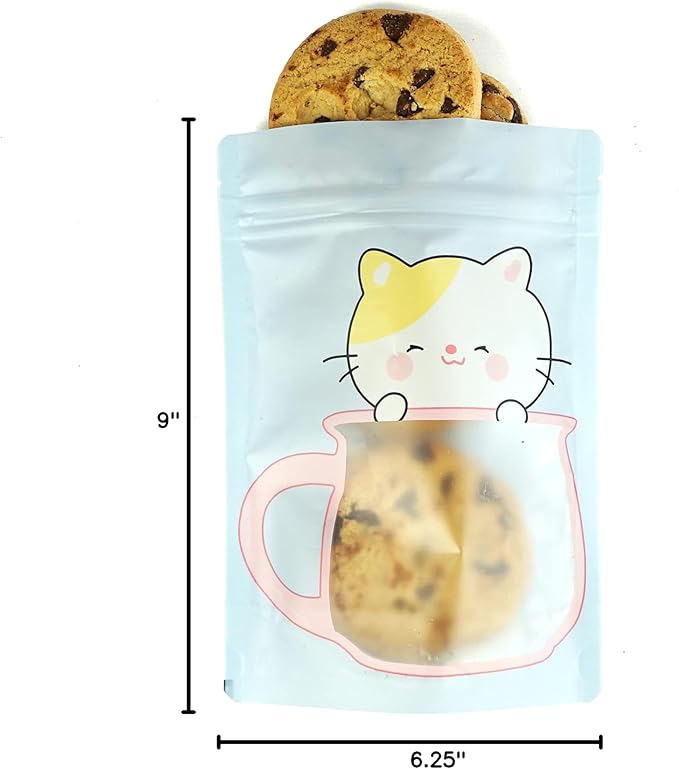 QQ Studio 100 Animal Designed Snack Bags, Plastic Bakery Bags, Cute Favor Bags for Snacks, Pastel Cookie Bags with Window, Zipper Seal Treat Storage Bags (6.25 Inch x 9 Inch, Blue Kitty)
