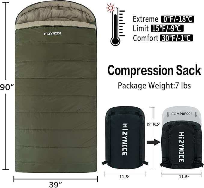 Cold Weather Sleeping Bag 100% Cotton Flannel XXL for Adults Big and Tall,Free Compression Sack