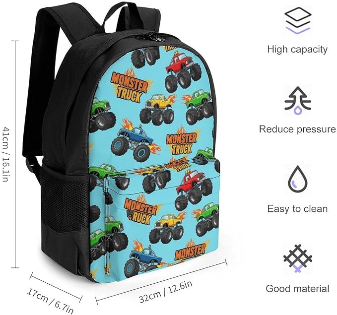 Supdreamc Men Women Polyester Monster Truck Cartoon Daypack Big Capacity Shoulder Bag With Smooth Zippers for Hiking Work Walking Cycling