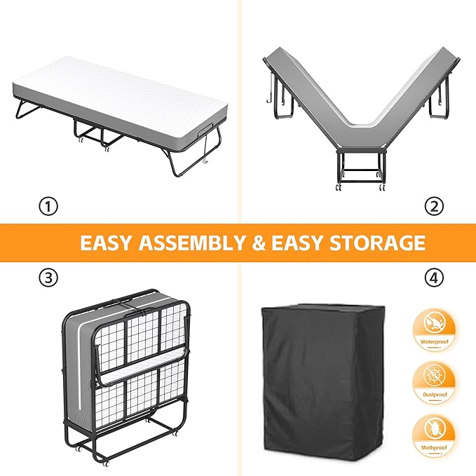 INTERGREAT Folding Bed with Mattress for Adults, Foldable Rollaway Twin Beds for Adults, 75" x 38" Portable Folding Guest Bed for Easy Storage, Super Strong Frame for Guest Room, Small Apartment