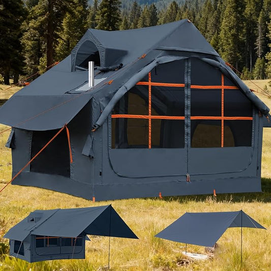 Inflatable Tents with Hand Pump Hot Tent with Stove Jack Easy Blow Up Glamping Tent with Mesh Windows, 4-6 Person Instant Family Camping Tents Waterproof for 4 Seasons