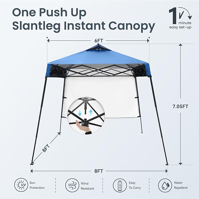 PHI VILLA 8x8ft Pop Up Canopy Tent Instant Portable Shelter One Push Tent Canopy, 4 Weight Bags, Slanted Legs-Blue