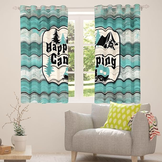 Erosebridal Camper Window Curtains 52" Wx84 L Happy Camping Blackout Curtains for Bedroom Living Room,Country Camping Adventure Window Treatments Sketch Drawing Wooden Farmhouse Drapes Decor 2 Panels