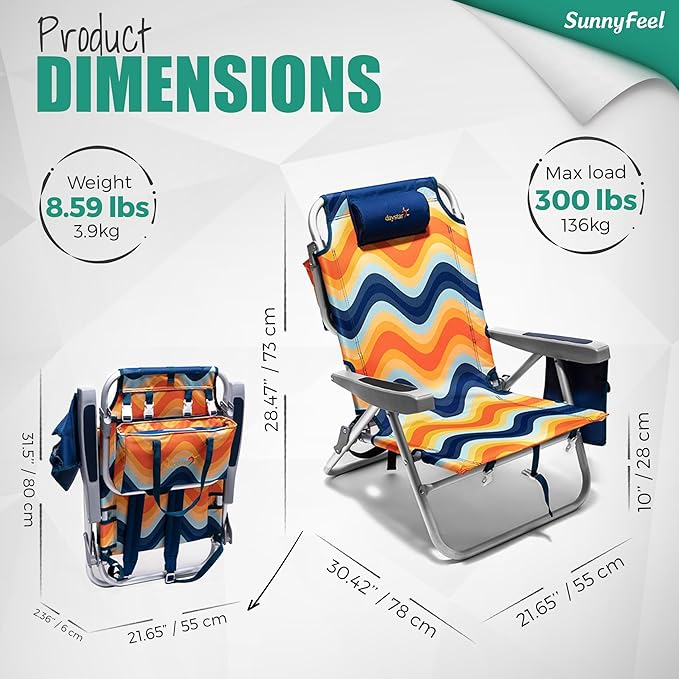 SUNNYFEEL Beach Chairs for Adults 2 Pack 5 Position Lay Flat, Portable Folding Backpack Beach Chair Heavy Duty with Cooler Bag, Cup Holder for Outdoor/Lawn/Picnic, Foldable Camping Chair
