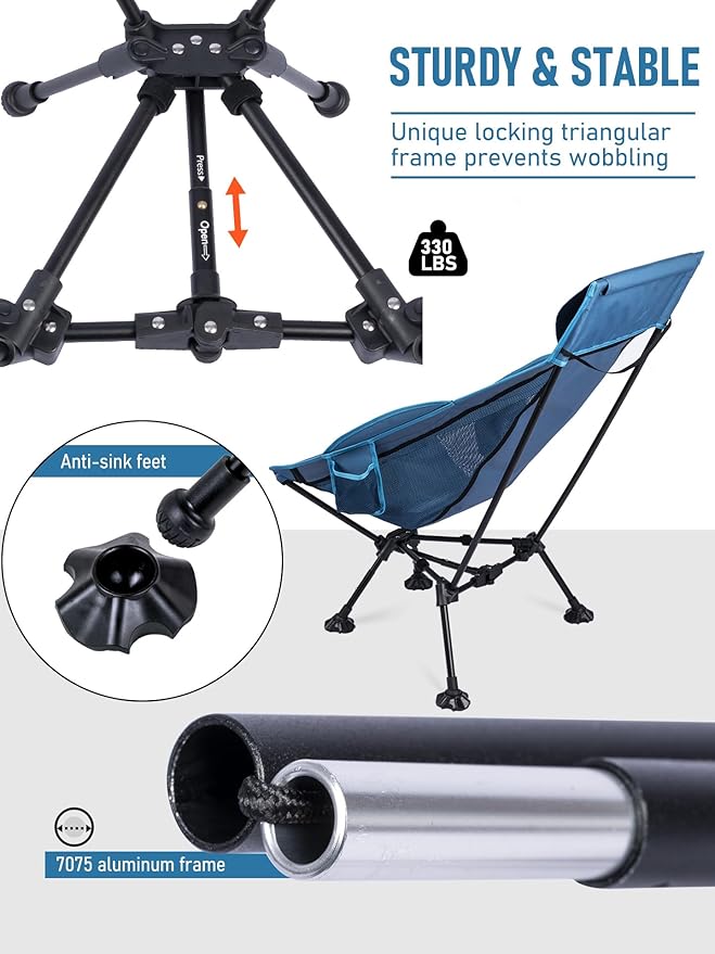 WildCall Lightweight Folding High Back Camping Chair with Head Support, Compact Beach Chair with Anti-Sinking Large Feet and Three Tilt Angles Adjustment