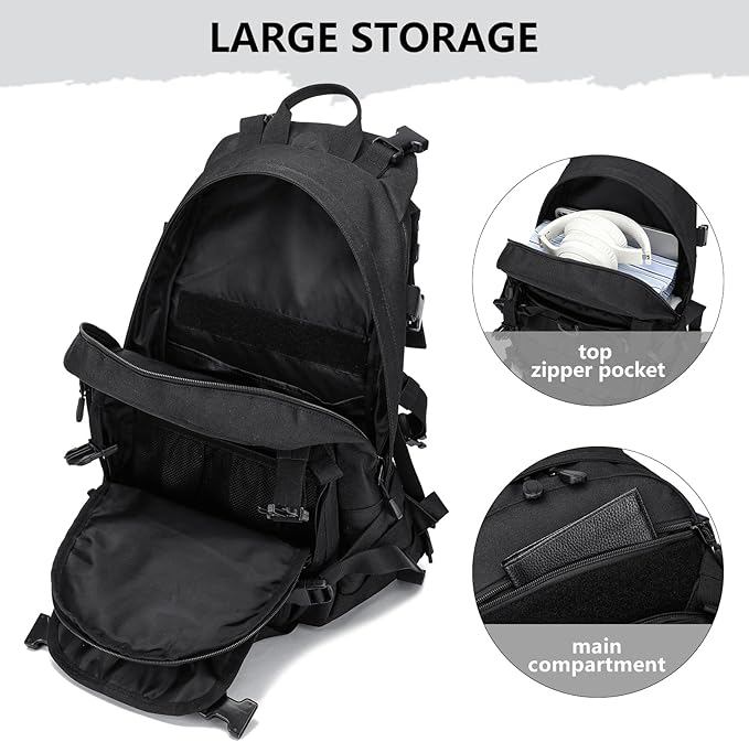 25L Small Tactical Backpack For Men, Military Waterproof Backpack With Multiple Pockets, 3-Day Bug Out Bag Molle Backpacks For Camping Hiking Military Traveling (Black)