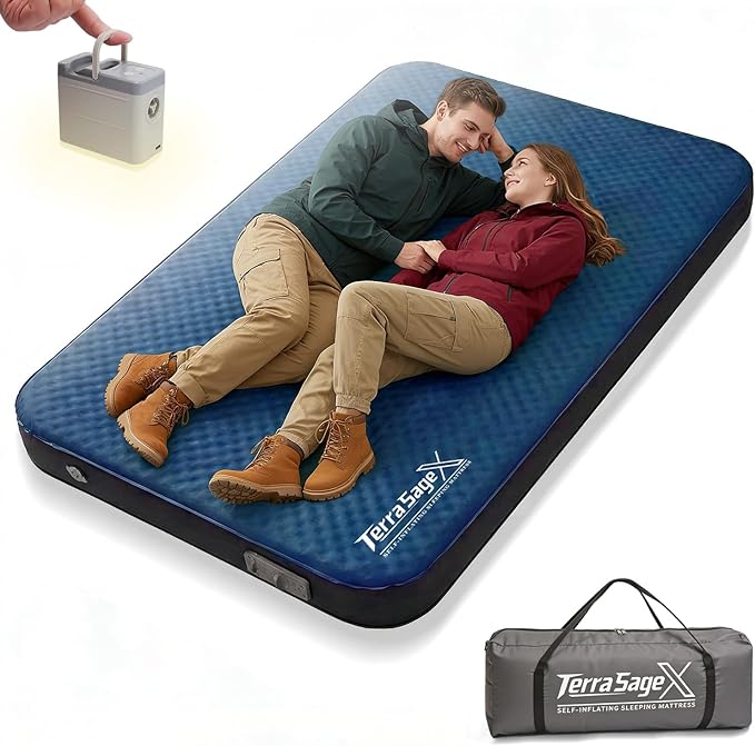 Full Size Camping Air Mattress, Self-Inflating Sleeping Pad with Electric Pump for 2 Person, 4.5" Thick Insulated Air & Foam Mat for Tent Camping, Portable & Comfortable for 4-Season Use(Full,Blue)
