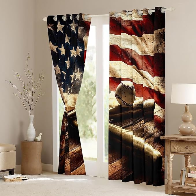 Manfei Baseball Blackout Curtains Retro American Flag Wooden Window Drapes,Sports Gaming Theme Window Treatments,Kids Boys Girls Room Decor,Grommet Top 2 Panel Set Bedroom Curtains, 38Wx54L inch