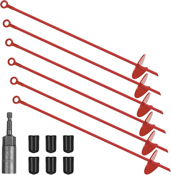 Gisafai 6 Pcs 30 Inch Long Ground Anchors Spiral Blade Earth Shed Anchor Kit Heavy Duty Tent Trampoline Hook 12 mm Thick Metal Swing Set Wind Stake for Mobile Home Canopies (Red)