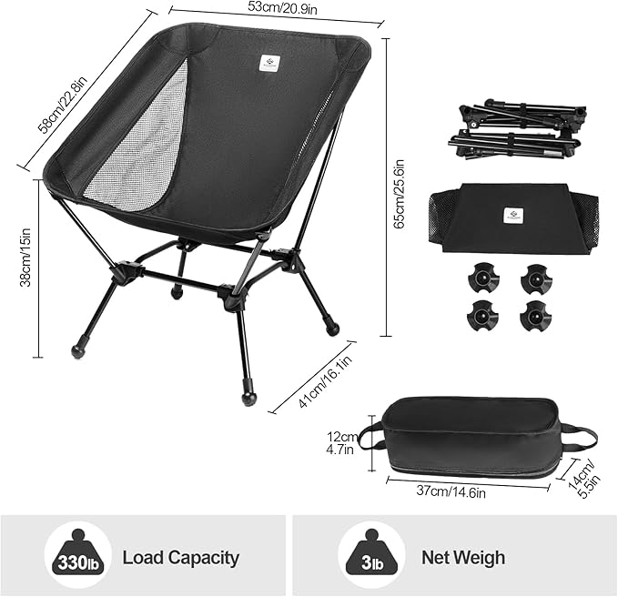 Camping Chair, Foldable with Storage Bag, Portable & Lightweight for Adults, 330lbs Capacity - Hiking, Fishing, Beach, Lawn (Black)