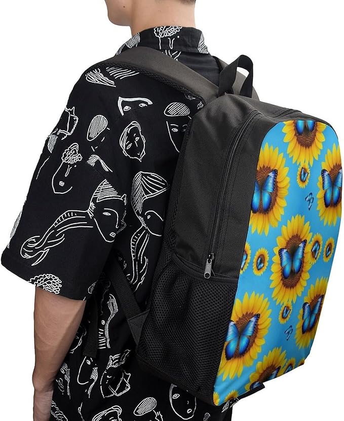 Sports Gym Outdoor Backpack Blue Monarch Butterfly Sunflower College Bookbag with Large Capacity Rucksack for Men Women