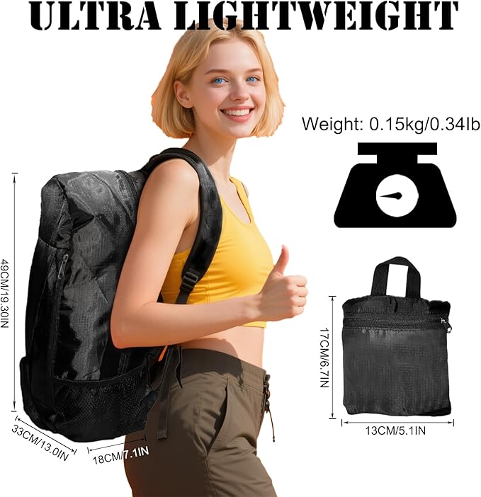 Ultra Lightweight Hiking Backpack 30L, Travel Packable Daypack Foldable Small Backpacks for Women Men(Black)