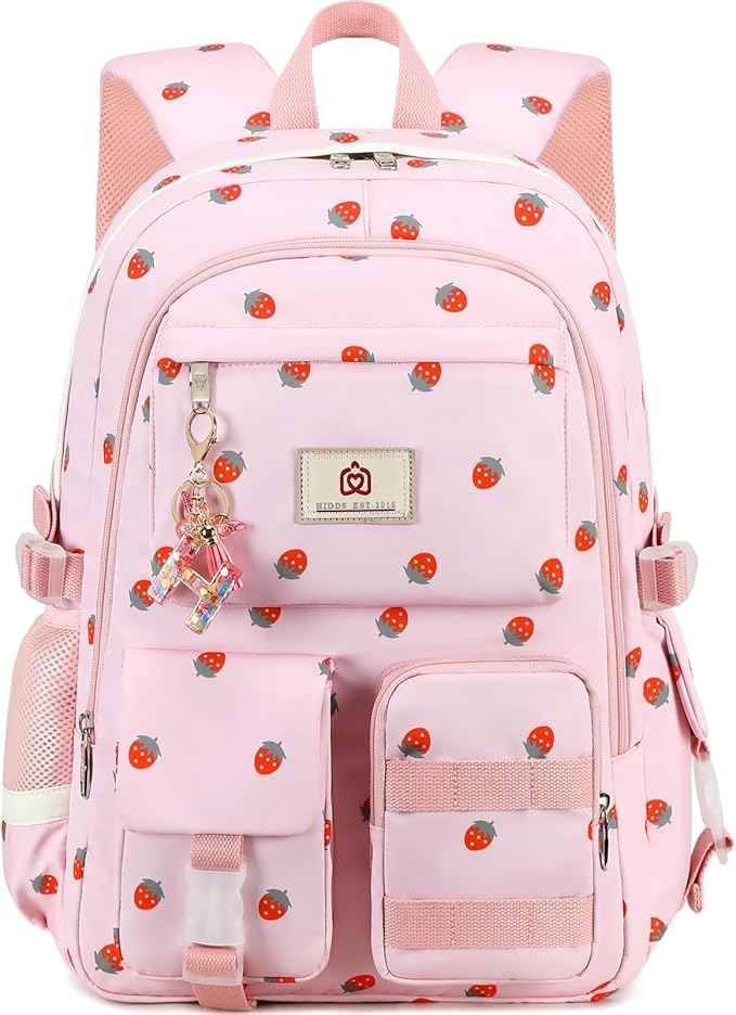 Laptop School Backpack for Teen Girls Women 15.6 Inch Cute College Backpacks Large Elementary Middle High School Bag Kids Student Strawberry Bookbag Anti Theft Travel Casual Daypack (Pink-Strawberry)