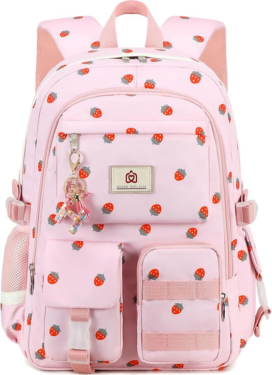 Laptop School Backpack for Teen Girls Women 15.6 Inch Cute College Backpacks Large Elementary Middle High School Bag Kids Student Strawberry Bookbag Anti Theft Travel Casual Daypack (Pink-Strawberry)