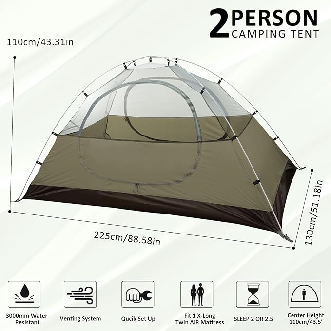 Bessport Camping Tent 1/2 Person Tent Waterproof Two Doors Backpacking Tent Easy Setup Lightweight for Outdoor, Hiking Mountaineering Travel