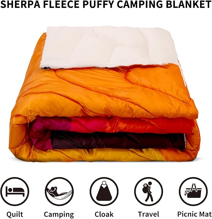zzlamb Sherpa Puffy Camping Blanket,Packable Outdoor Warm Wearable Fleece Blankets for Cold Weather,Thick Camp Quilt with Sherpa Lining for Sleeping,Traveling,Backpacking,Picnics,Beach,Stadium 52x75in