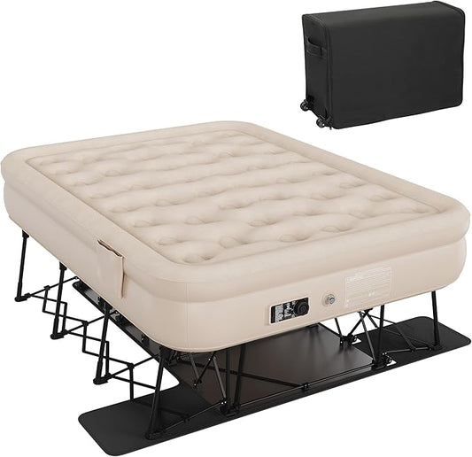 DWVO Inflatable Queen Air Bed with Folding Frame & Rolling Bag, Built-in Pump Blow Up Mattress for Camping, Guest Room & Travel, Portable Air Mattress with Case, 79 x 59 x 28 Inches, Brown