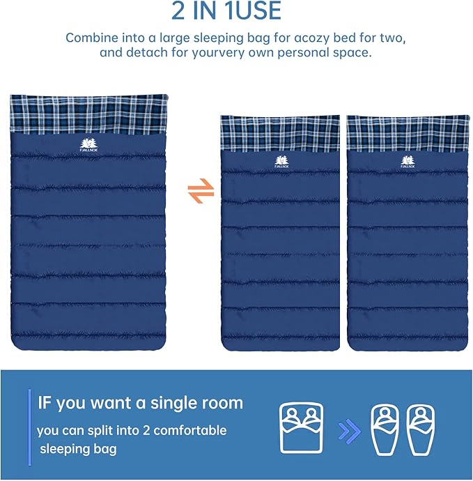 Double Sleeping Bag Cotton Flannel for Camping, Backpacking Or Hiking. Waterproof Queen Size Two Person Sleeping Bags for Adults Or Teens. Lightweight with Compression Sack