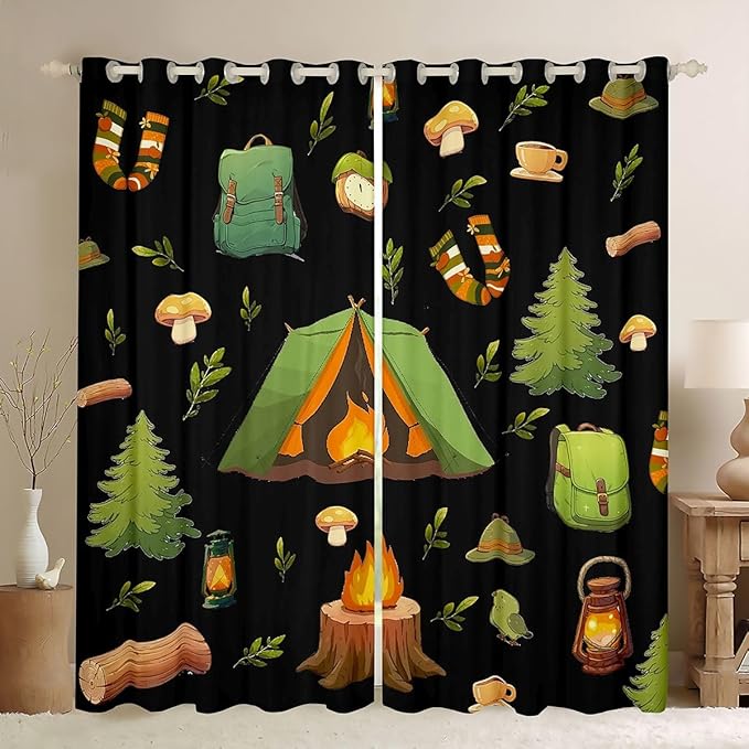 Feelyou RV Camping Camper Blackout Curtains Happy Camping Darkening Drapes for Bedroom Living Room Decor Camper Black Thermal Insulated Shades Window Treatments, 2 Panels 38 x 54 Inch
