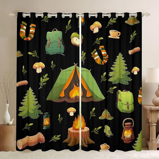 Feelyou RV Camping Camper Blackout Curtains Happy Camping Darkening Drapes for Bedroom Living Room Decor Camper Black Thermal Insulated Shades Window Treatments, 2 Panels 38 x 54 Inch