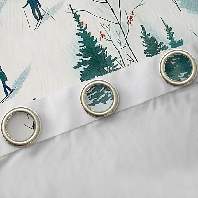 Manfei Skiing Window Drapes,Ski Winter Extreme Sports Game Blackout Curtains,Mountain Snowboarding Pine Tree Natural Nursery Bedroom Playroom Decor,Green White 2 Panels,52Wx63L inch