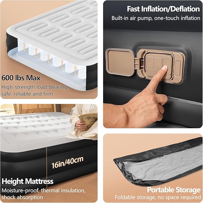 BEBAS Queen Size Air Mattress with Built in Pump Fast Electric Inflation/Deflation Mattress Blow up Bed Inflatable for Home,Guests,Office,Camping Airbed 16 Inch Tall,600lbs Max,Black