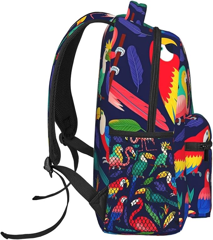 Rucksack Multipurpose Anti-Theft Big Capacity Shoulder Bag, Exotic Birds Parrot Flamingo Art Travel Hiking Camping Rucksack With Side Pockets