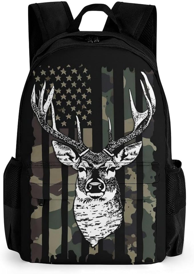Supdreamc Rucksacks Lightweight Multipurpose Anti-Theft Camo Camouflage American Flag Hunting Cool Deer Black Shoulder Bag Big Capacity Traveling Camping Backpack With Side Pockets