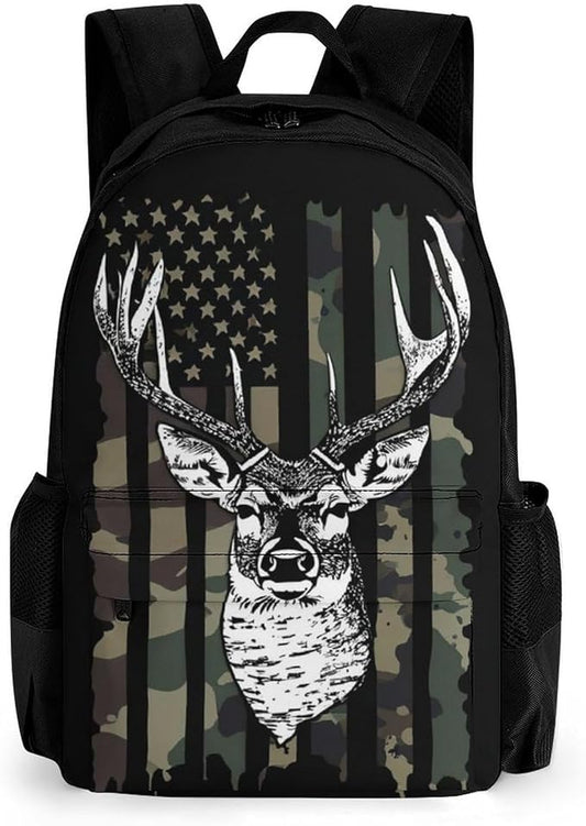 Supdreamc Rucksacks Lightweight Multipurpose Anti-Theft Camo Camouflage American Flag Hunting Cool Deer Black Shoulder Bag Big Capacity Traveling Camping Backpack With Side Pockets