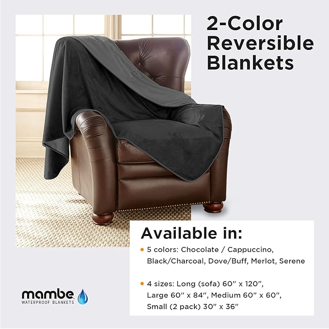 Mambe Silky Waterproof Throw for Protecting Furniture Bed Couch from Stains Caused by Dogs, Cats, Incontinence. Soft, Washable, Reversible. (Size Large 70x90 inches, Color Black/Charcoal)