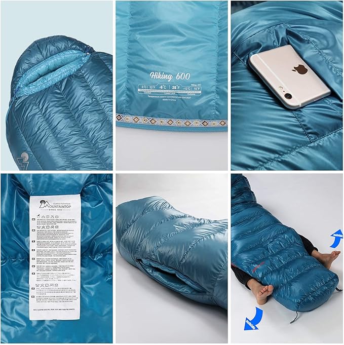 Mountaintop Ultralight Mummy Down Sleeping Bag 650 Fill Power Duck Down Suits for 32 Degree F for Camping Hiking Backpacking