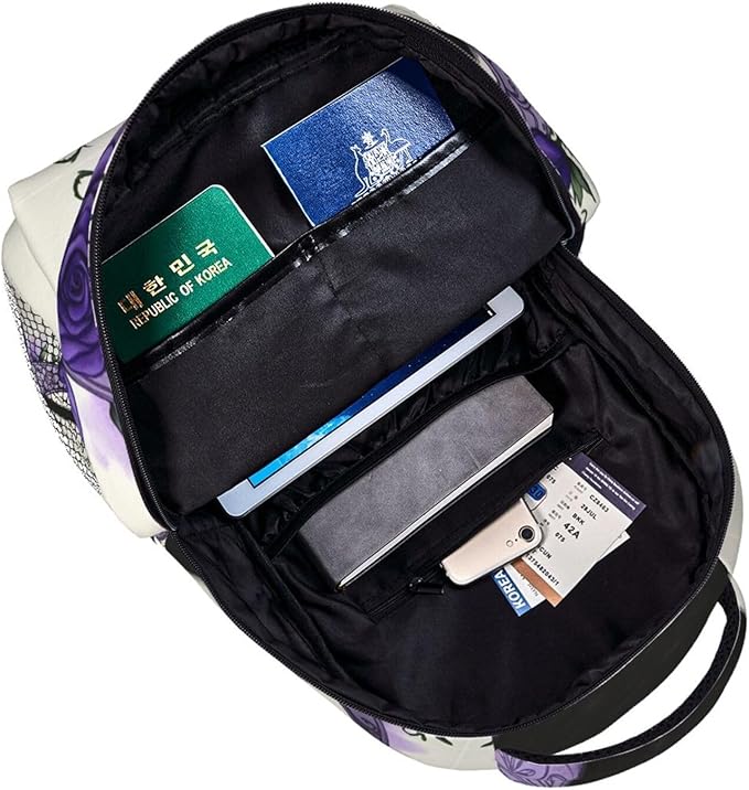 Polyester Daypack Backpack for Climbing Outdoors Running, Big Capacity Multipurpose Anti-Theft Bookbag, Elegant Black Cat Crescent Moon Purple Rose Vine Art Travel Hiking Camping Rucksack
