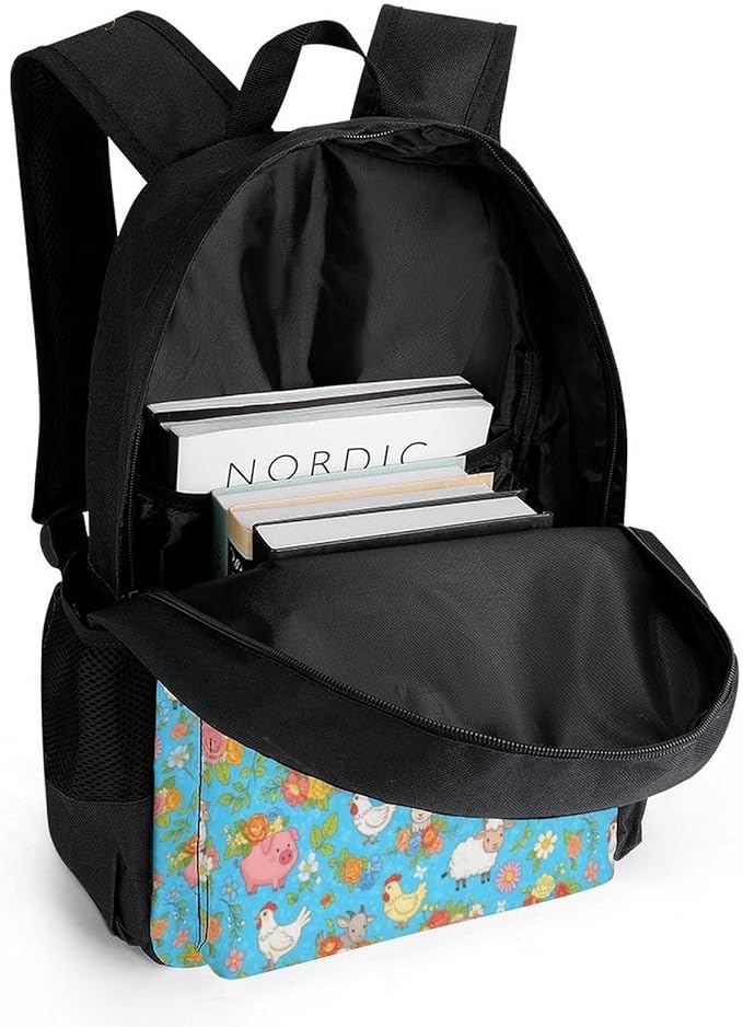 Polyester Daypack for Camping Travel Walking Cycling, Big Capacity Anti-Theft Multipurpose Bookbag, Farm Animals Cow Sheep Goat Chick Floral Camping Outdoor Backpack