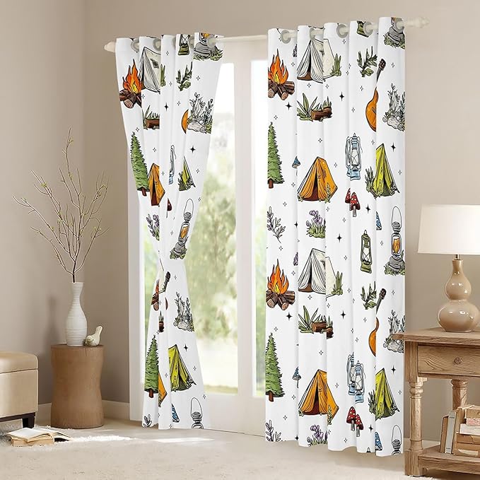 Feelyou Camping Camper Decor Curtains for Bedroom Living Room Campfire Music Guitar Blackout Darkening Drapes Happy Camping Window Treatments, 2 Panels 42 x 90 Inch Room Decor