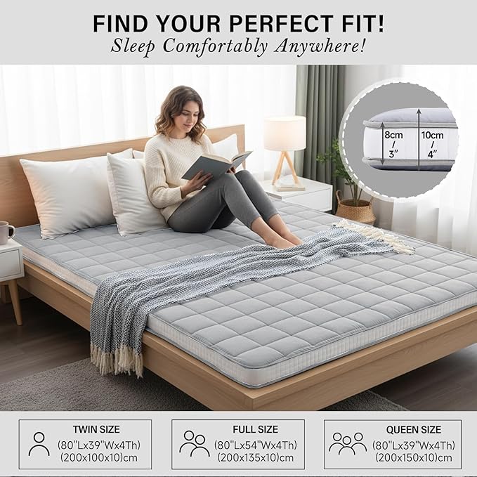 Tiita Japanese Floor Mattress Futon Mattress 4” Thick Folding Roll Up Sleeping Pad with Bag & Strap, Bed Topper Mat for Guest, Lounger and Travel, Grey,Full Size