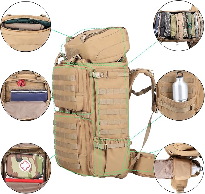 Zsearaymy 75L Hiking MOLLE Backpack with Internal Frame & Rain Cover for Tactical, Camping, Backpacking, Survival Travel (TAN)